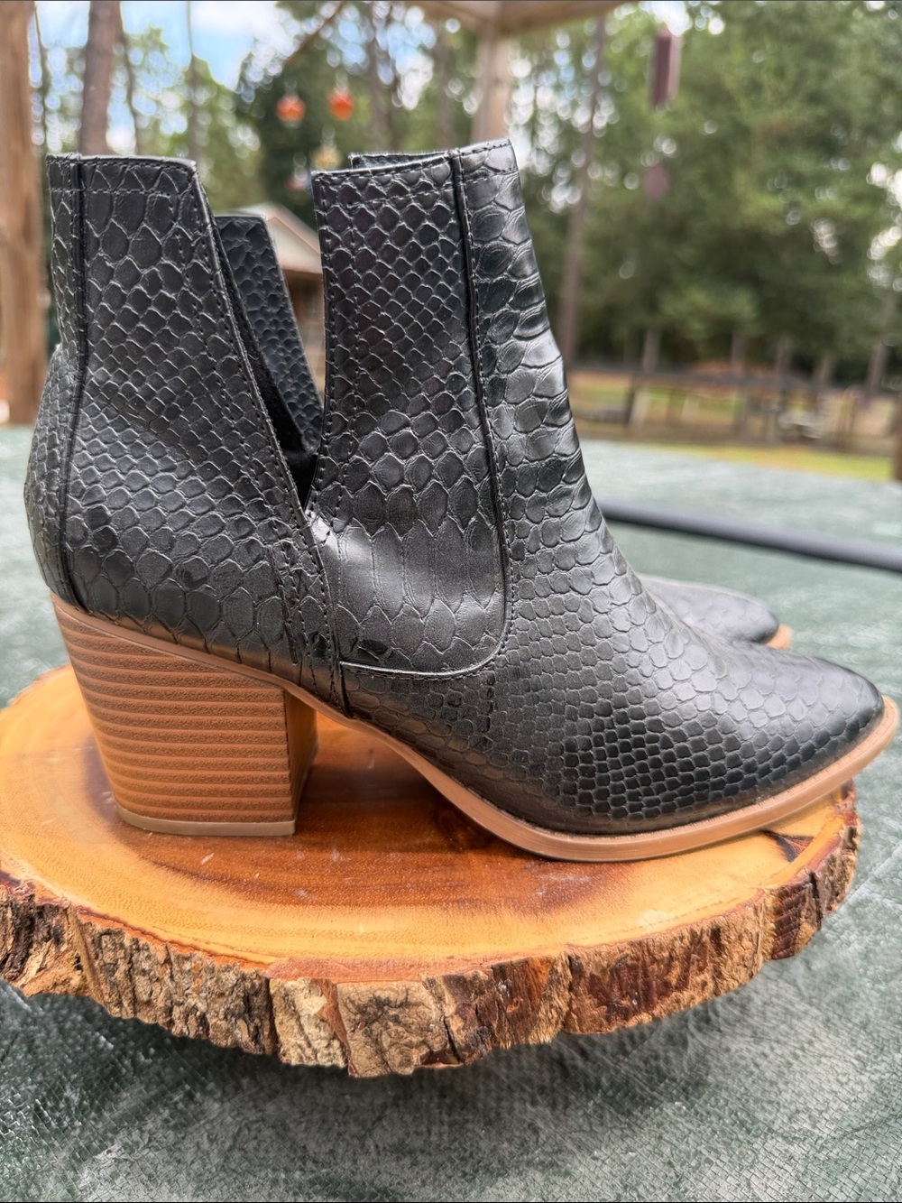 Women's Black Snake-Embossed Ankle Boots with Stacked Heel